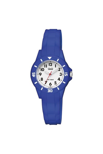 Q&Q V26A-008VY - Horloge - Sport - Analoog - Kinderen - Unisex - Plastic band - Rond - Kunststof - Cijfers - Blauw - Wit - 10 ATM