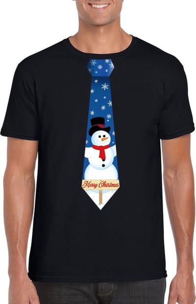 Foute kersttrui t-shirt - met sneeuwpop stropdas print - zwart - voor heren - korte mouwen S