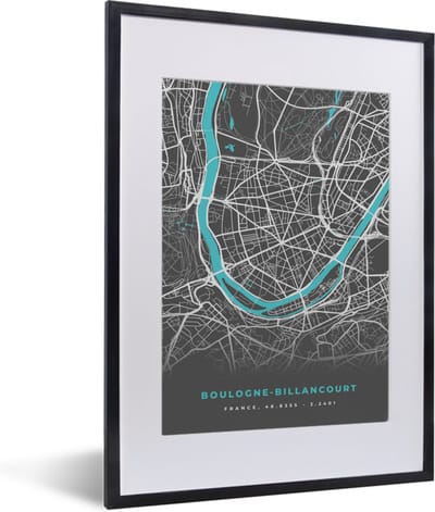 Fotolijst incl. Poster - Frankrijk - Boulogne-Billancourt - Stadskaart - Kaart - Plattegrond - 30x40 cm - Posterlijst