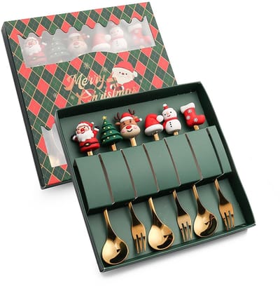 Dailygoods - FRUHLING 6 stuks kerstlepels, vorken, set, roestvrij staal, kerstkoffielepels, kerstvorken, dessertlepels, theelepels, roerlepel, kerstbestek met geschenkdoos, 3 lepels, 3 vorken (goud)