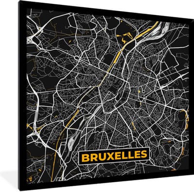 Fotolijst incl. Poster - Brussel - Goud - Stadskaart - Plattegrond - Kaart - 40x40 cm - Posterlijst