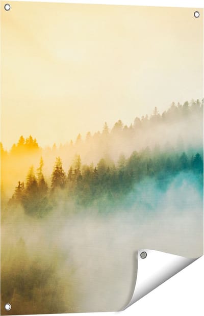 Gards Tuinposter Kleurrijke Zonsopgang in het Bos met Mist - 60x80 cm - Tuindoek - Tuindecoratie - Wanddecoratie buiten - Tuinschilderij