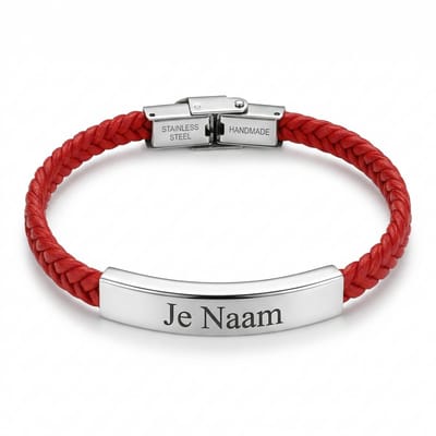 Armband met graveer, Armband met naam, Gepersonaliseerde rode gevlochten armband met naamgravure - opvallend design, Armband met naamplaatje ,graveerarmband