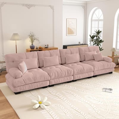 4-zits Bank, Modulaire Hoekbank met Diepe Zitting, Chenille Slaapbank, Comfortabel Bekleed voor Woonkamer, Appartement, Studio, Kantoor, Chenille-Roze