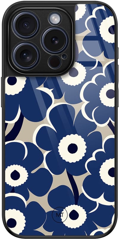 Hoesje geschikt voor iPhone 15 Pro - Abstract bloom - Luxe Hard Case - Bloemen - Blauw - Mooie Telefoonhoesjes
