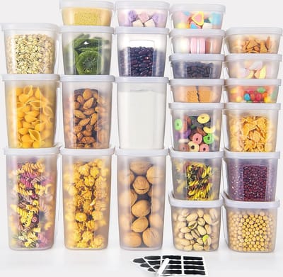 Voorraaddozen met deksel, 24 stuks, bijgewerkte versie, luchtdichte voorraaddozen, keuken, opbergdoos voor pasta, meel, suiker, snack, organisatie van de voorraadkamer, laden, kasten