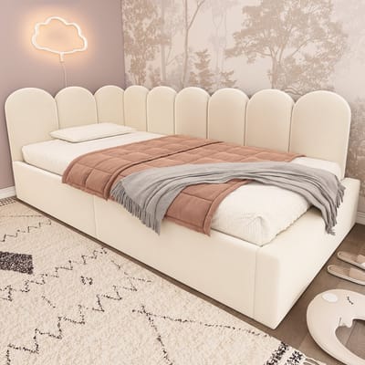 REDOM bedbank 90x200 cm – Fluweel beige – L-vormig, hydraulische lattenbodem – 136 kg