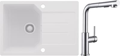 Anycee MAX Spoelbak Keuken 65x45CM - Granieten Spoelbak Wit - Wasbak Keuken Met Keukenkraan met Uittrekbare Uitloop - Spoelbakken Keuken Met Kraangat - Met Druiprek en Sifon