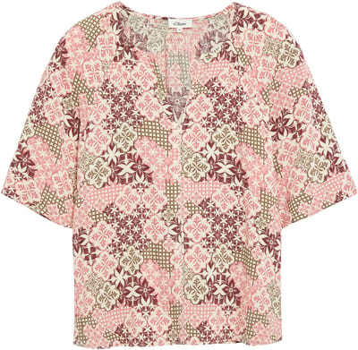 Gestructureerde blouse in gemengde viscose met plooien en smocks ronde hals ruime pasvorm granaat vrouw s.Oliver