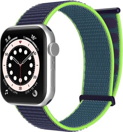 Strap-it Nylon Loop band - Geschikt voor Apple Watch bandje - Series 1/2/3/4/5/6/7/8/9/10/11/SE/SE2/SE3 - Donkerblauw/Lime - Nylon bandje met klittenband - Stof iWatch bandje voor maat: 38 / 40 / 41 / 42mm