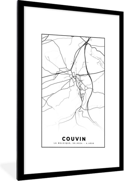Fotolijst incl. Poster Zwart Wit- Plattegrond – Couvin – Zwart Wit – Stadskaart - Kaart - België - 60x90 cm - Posterlijst