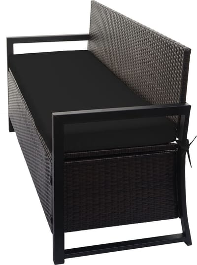 Poly-rattan 3-zitsbank MCW-F39, tuinbank kistbank, opbergvak zitkussens ~ bruin, kussens zwart
