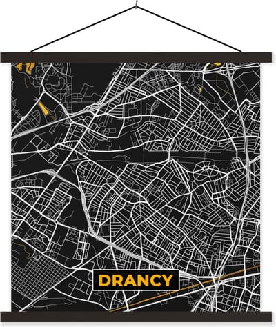 Posterhanger incl. Poster 60x60 cm - Schoolplaat - Plattegrond – Drancy - Stadskaart – Frankrijk - Kaart - Textielposter - Zwarte latten - Stadskaart