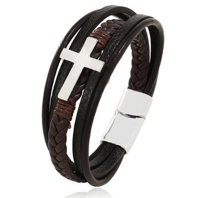 Armband Heren - Bruin Leer met Zilver kleurig Kruis - 21cm - Leren Armbanden - Papa Cadeau Voor Mannen - Vaderdag