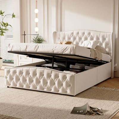 Modern tweepersoonsbed met hydraulische rails, grote opbergruimte, gestoffeerd hoofdeinde, 140x200 cm, fluweel, beige