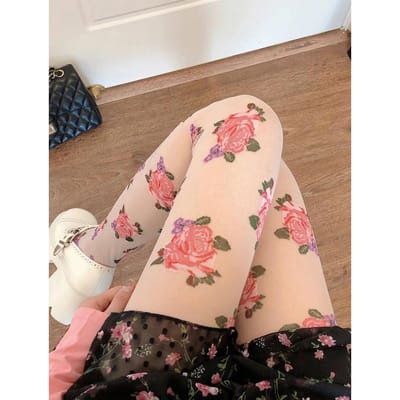 Rozenprint Visnet Panty's Dames Meisjes Panty Zomer Ademende Sok Lolita Kousen Stretch Panty's Panty met Voet Cadeau One-size beige