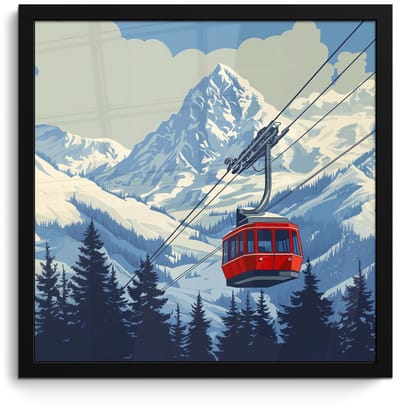 Poster in lijst - Fotolijst 40x40 cm - Posters - Kabelbaan - Sneeuw - Berglandschap - Posterlijst zwart - Decoratie - Wanddecoratie woonkamer - Muurdecoratie slaapkamer