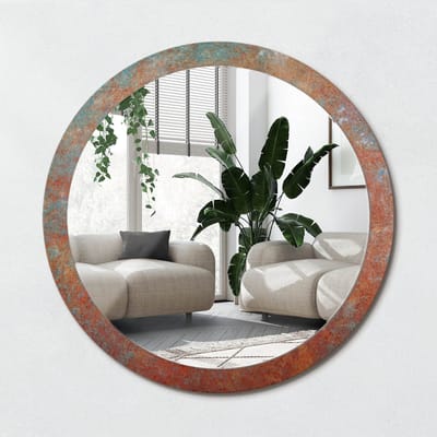 Wallfluent Bedrukte Ronde Spiegel - Ronde Wandspiegel Met Print Roestig Metaal - 100 cm / 86 cm - Oranje - Oranje Ronde Wandspiegel Decoratieve Print - Woonkamerspiegel - Inloopkastspiegel - Hal - Eenvoudige montage