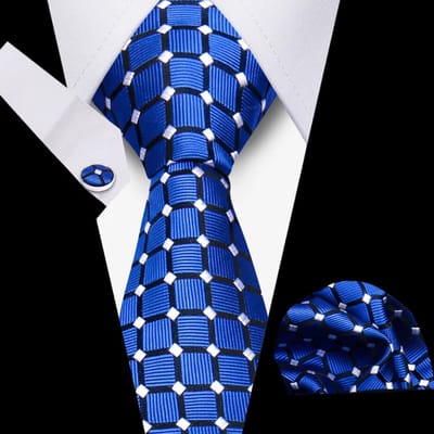 Actie4you® - Luxe Stropdas - Stropdas Set met Manchetknopen en Pochet en Dasspeld – Met Geschenkdoos – 4 Delig – Stropdas Set – Blauw Vierkant