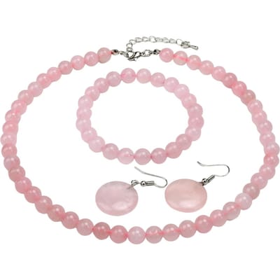 Natuursteen Rozenkwarts Ronde Ketting Armband Oorbellen Set Boheemse Damesmode Zoet Handgemaakt Zirkoon roze