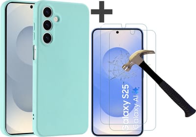 Hoesje geschikt voor Samsung Galaxy S25 hoesje zacht siliconen met 2 Stuks gehard glas Screenprotectors- Arara backcover - Mint Groen