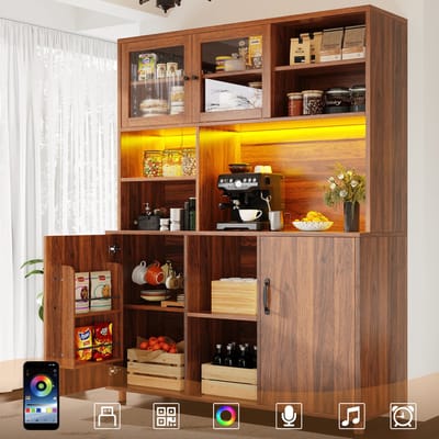 Opbergkast - 140x40x185 cm - Met LED Verlichting en Opbergdeur - Retro Stijl - Hout - Walnoot