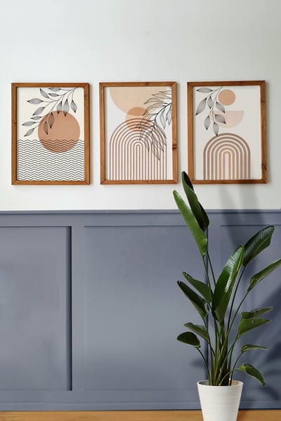 Drie-delige Moderne Geometrische Schilderijen – Minimalistische en Stijlvolle Muurdecoratie Geschikt voor Hal, Woonkamer en Slaapkamer, Met Houten Lijst 30x40 cm