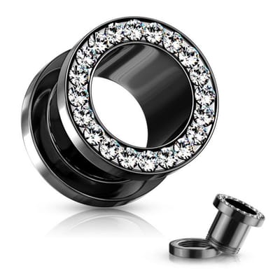 Luxueuze 5 mm Zwarte Flesh Tunnel met steentjes. RH-Jewelry [High Quality Piercing]