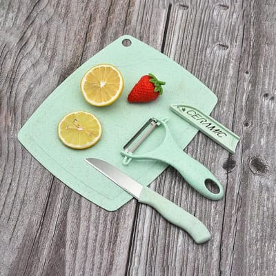RVS Snijset Driedelige Set Tarwestro Snijplank Fruitmes Schiller Gecombineerd Keukengereedschap hemelsblauwe kleur