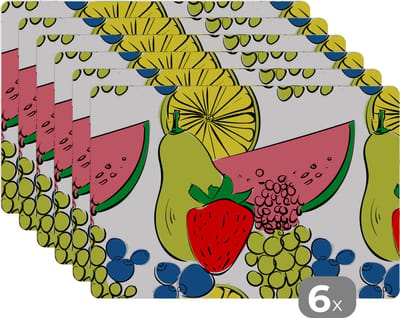 Placemat - Placemats kunststof - Fruit - Cartoon - Patroon - 45x30 cm - 6 stuks - Hittebestendig - Anti-Slip - Onderlegger - Afneembaar