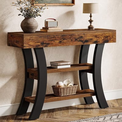 Tribesigns Kleine Consoletafe - Sidetable met Planken en Gebogen Frame - Rustiek Bruin - 105 x 30 x 80 cm - Console Tafel voor Hal, Woonkamer, Entree