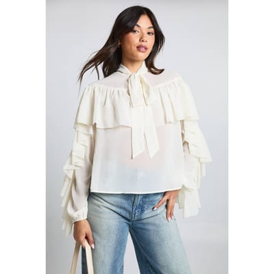 boohoo Dames Blouse met ruchestraikdetail en ballonmouwen | Cream | Maat: 6