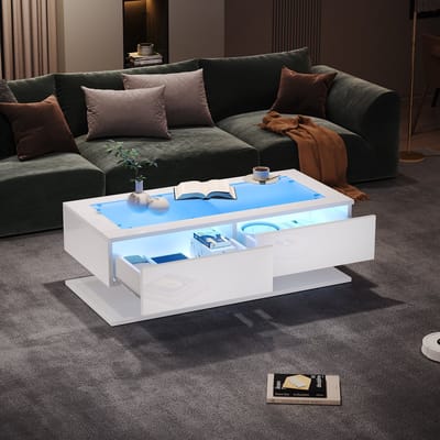 Salontafel - 100x50x35 cm - Hoogglans Met Lade LED En Glasblad - Glas - Wit
