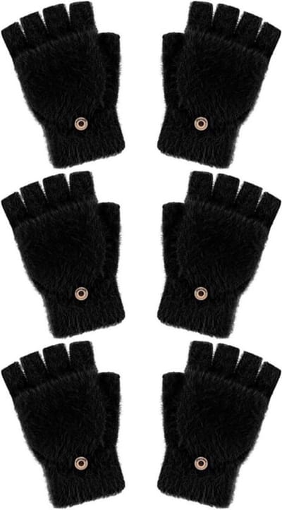 3-Pack Kinderen Vingerloze Handschoenen voor Winter - Warme Omklapbare Wanten voor Meisjes en Tieners, Zwart, 10-15 Jaar, Perfect voor Buitenactiviteiten en Sport