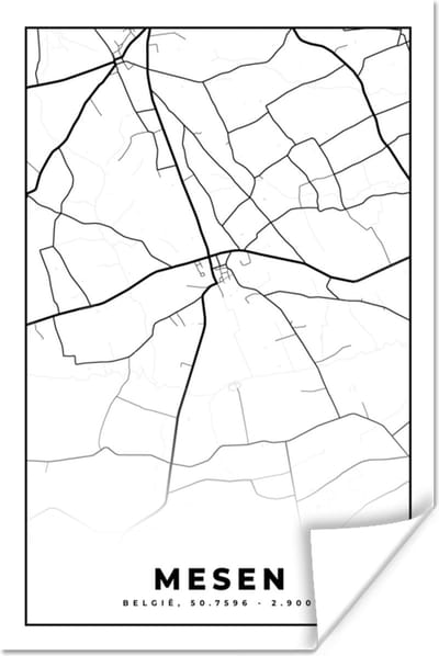 Poster Stadskaart – Plattegrond – België – Zwart Wit – Mesen – Kaart - 120x180 cm XXL