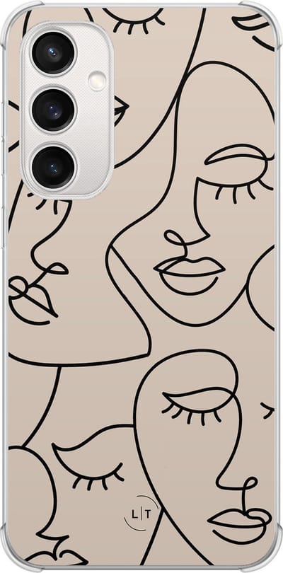 Shockproof hoesje - Geschikt voor Samsung Galaxy S23 FE - Abstract faces - Extra sterke case - TPU/polycarbonaat - Print / Illustratie - Beige, Transparant