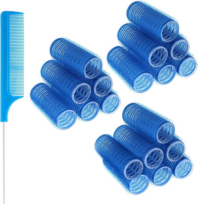 PromoHome 18 stuks zelfklevende krulrollers set met kam - 20 mm klittenband haarrollers voor volume en krullen zonder hitte - Blauw