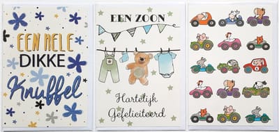 3 Wenskaarten - Een Zoon + Blanco Kaart Autootjes + Dikke Knuffel - 12 x 17 cm – GEB-301