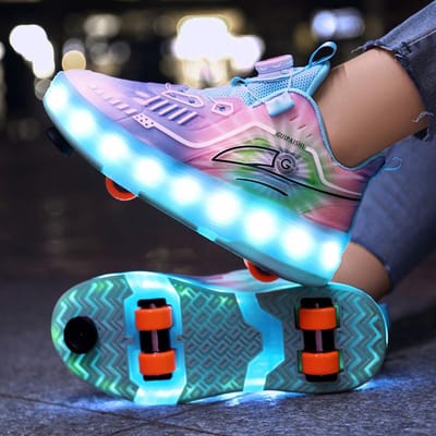 Nouvelles Lumières Colorées Amélioration Lacets Runaway, Freins Garçons Chaussures Éclatantes Filles Enfants Patins à Roues Alignées Quatre Roues Roues Doubles avec Roues 42 white