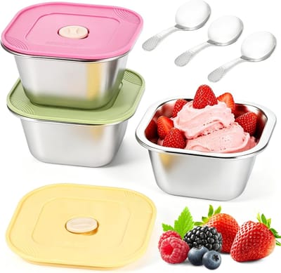 Set van 3 ijsbakjes– Herbruikbare diepvriesbakjes inclusief 3 lepels – Geschikt voor ijs, yoghurt, snacks, fruit en invriezen – Rvs-bakjes van 400 ml met siliconen deksels