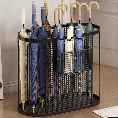 Paraplustandaard Smeedijzer - Parapluhouder Dubbel - Entree Organiseren - Met Zwenkwielen - 47 x 25 cm - Zwart