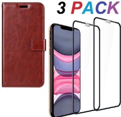 Bookcase Geschikt voor: iPhone 11 - Bruin - portemonee hoesje + 2X Full cover Tempered Glass Screenprotector