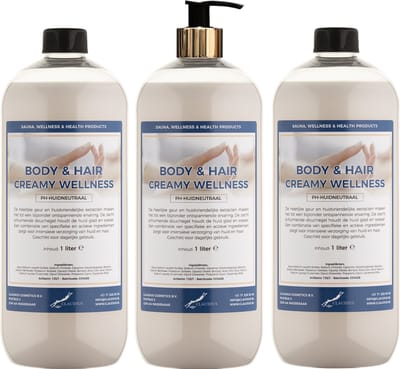 Body & Hair Creamy Wellness 1 liter met gouden pomp - set van 3 stuks - 2 in 1 voor lichaam en haar - voordeelverpakking