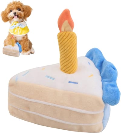 Generisch Verjaardagstaart voor honden, pluche, 16 x 17 cm, piepende taart voor honden, pluche kauwspeelgoed, taartvormig pluche knuffeldier als verjaardagscadeau voor buiten