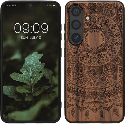 kwmobile telefoonhoesje geschikt voorSamsung Galaxy S25 - Hoesje met bumper - hout - In donkerbruin Indian Sun design