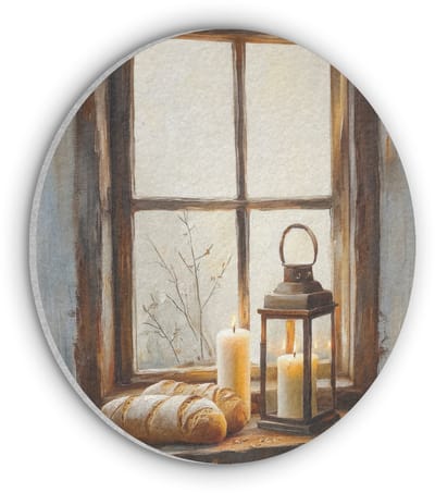 Akoestisch wandpaneel rond 30x30 cm - Vilt schilderij Stilleven - Rustiek - Kaarsen - Broden - Raam - Ronde akoestische panelen - Geluidsdempende wanddecoratie - Geluidsisolatie wandcirkel - Muurdecoratie geluidspanelen