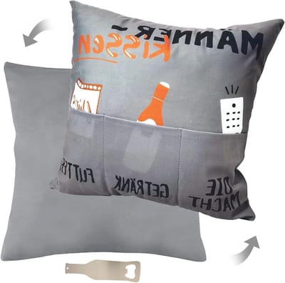 45 x 45 cm Grijs Kussen voor Mannen met 3 Pocketen en Capsuleopener - Leuk Cadeau voor Verjaardag en Pensioen