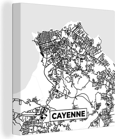 Canvas Schilderij Stadskaart - Cayenne - Plattegrond - Kaart - Frankrijk - Zwart wit - 20x20 cm - Wanddecoratie