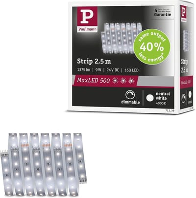 ' Paulmann 71239 MaxLED 500 LED-strip, neutraal wit, enkele strip, 2,5 m, 9 W, 550 lm/m, 64 LED's/m, 4000 K'