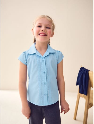 Next - Meisjes - Schoolblouse voor meisjes met pofmouwen, kanten rand en standaard pasvorm - Blauw